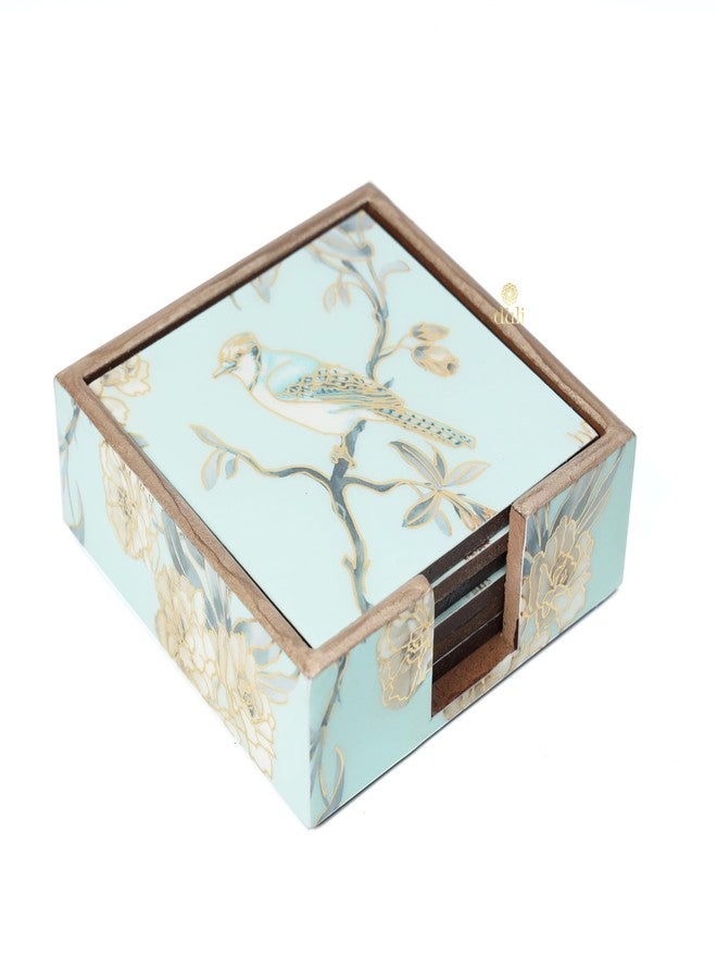 DULI مجموعة DULI من 6 قواعد أكواب خشبية مطلية بالمينا من خشب MDF | قواعد أكواب مع حامل | مجموعة قواعد أكواب لتقديم الشاي | قواعد أكواب مطبوعة | قواعد أكواب من الراتنج (10 × 10 سم) (AquaGoldBirds) - Image 5